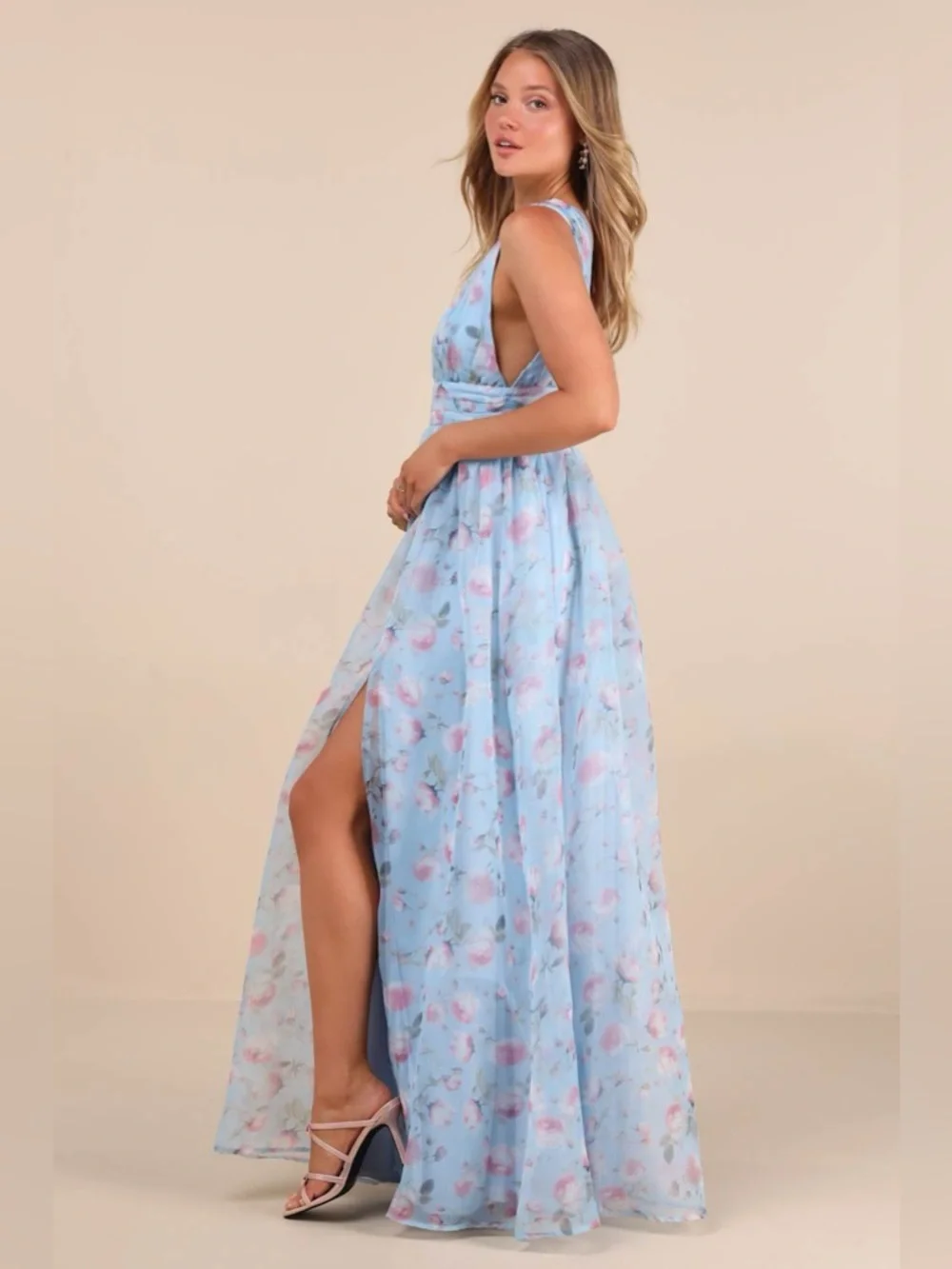 LULU'S Garden Romance Light Blue Floral Print Organza Maxi Dress